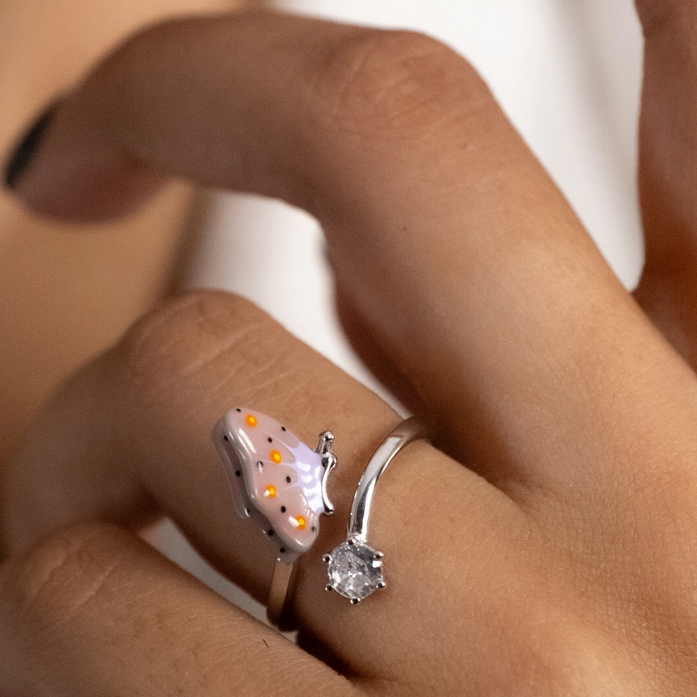 Reegalia Blush Butterfly Ring – 925 Silver with Enamel & CZ Adjustable Ring