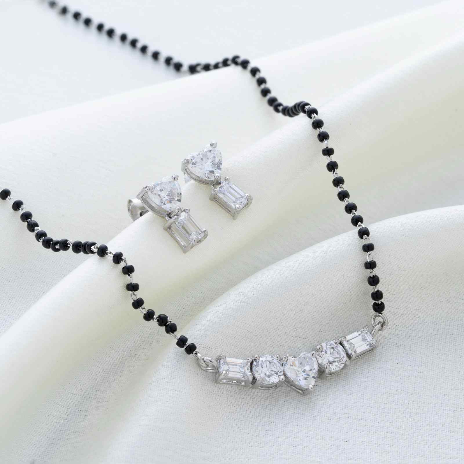 925 Sterling Silver Heart & Baguette Mangalsutra with Matching Earrings