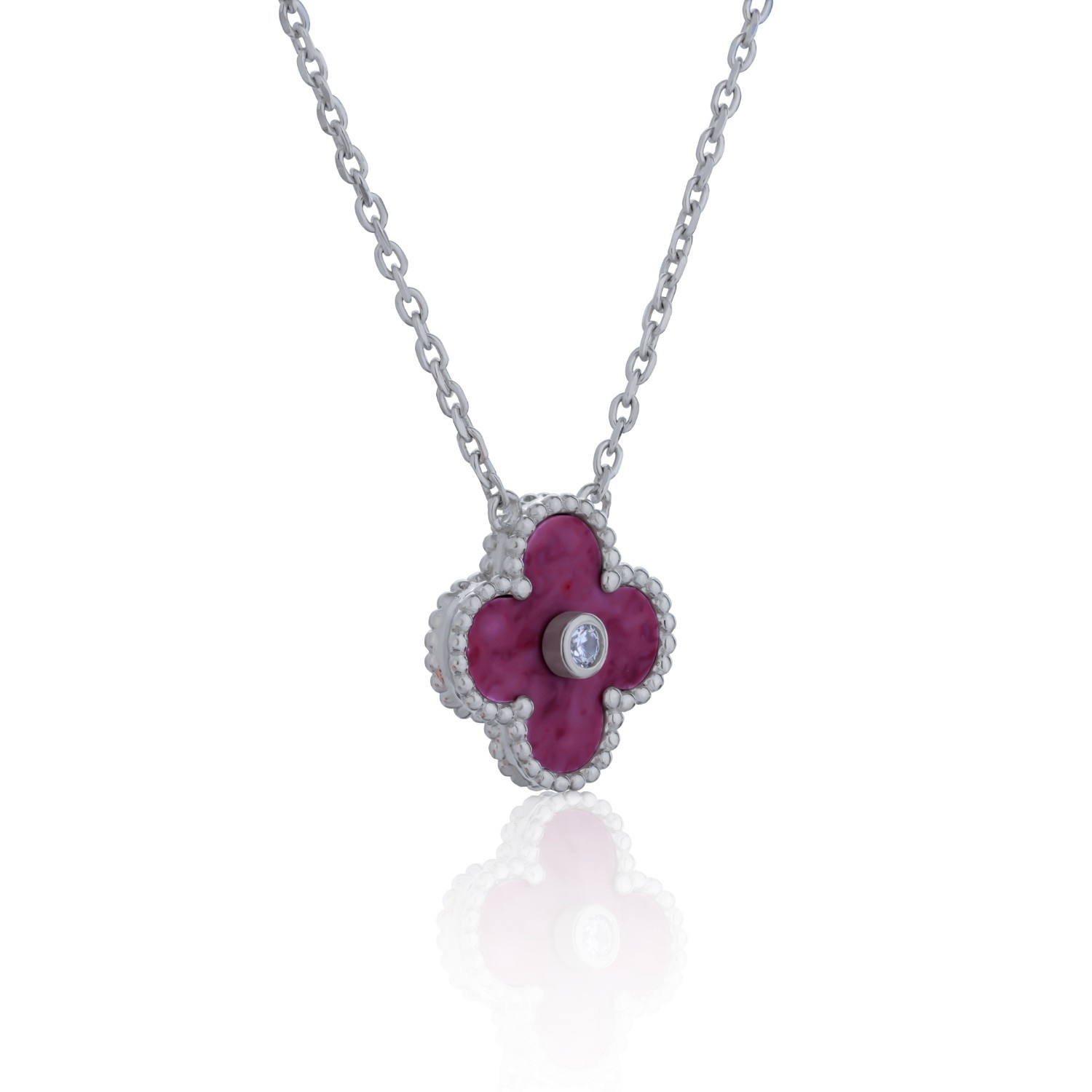 925 Sterling Silver Pink Clover Pendant Necklace