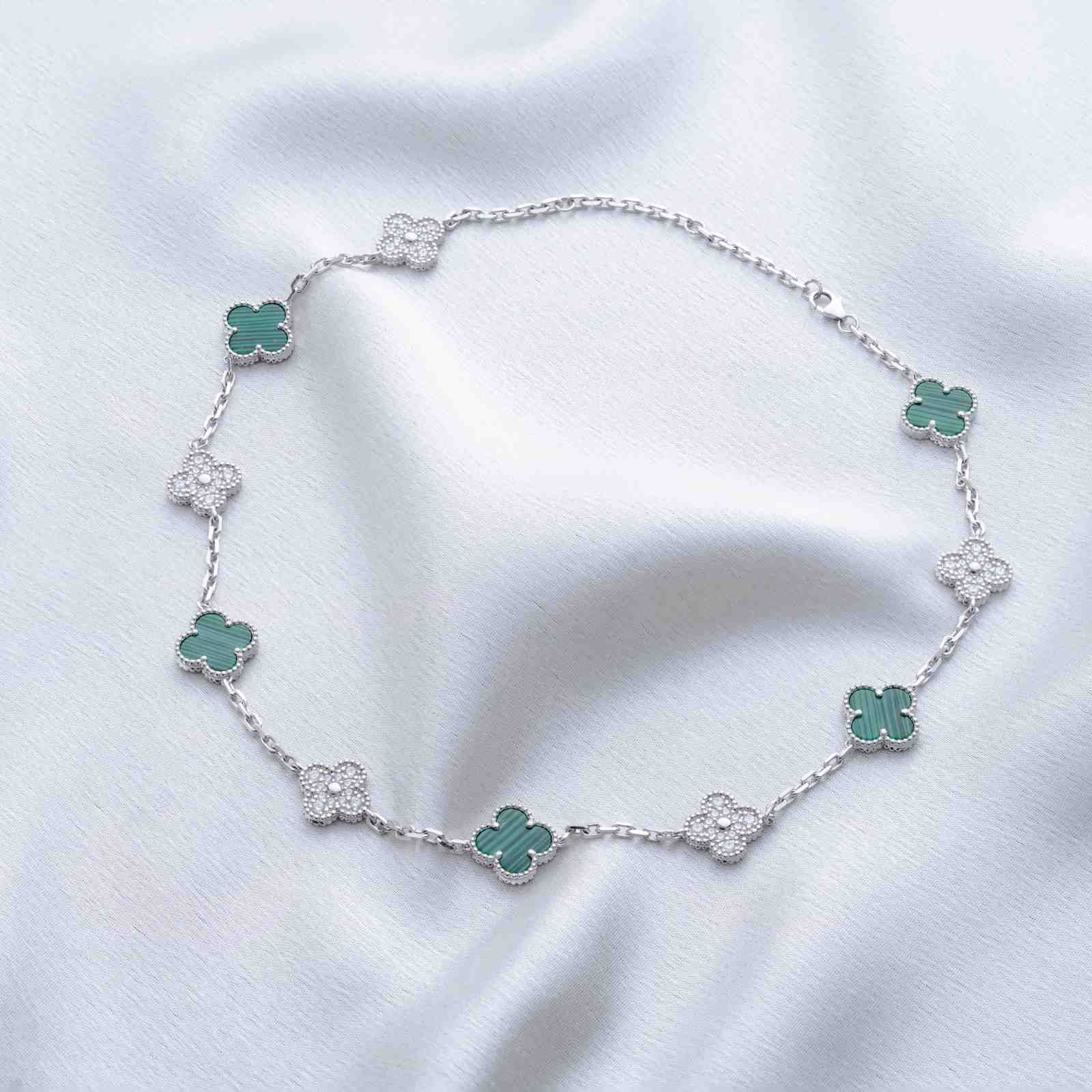 925 Sterling Silver Clover Malachite Long Necklace with CZ Accents